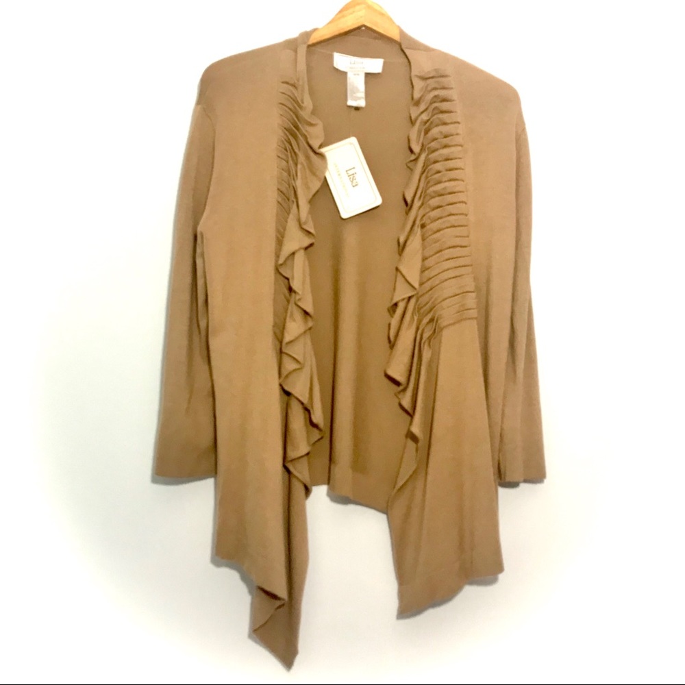 Lisa International Ruffle Front Cardigan Tan Size Medium